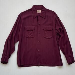 Vtg 40s Burgundy GABARDINE Long Sleeve Button Up Shirt / Sz L Mens MCM Rayon